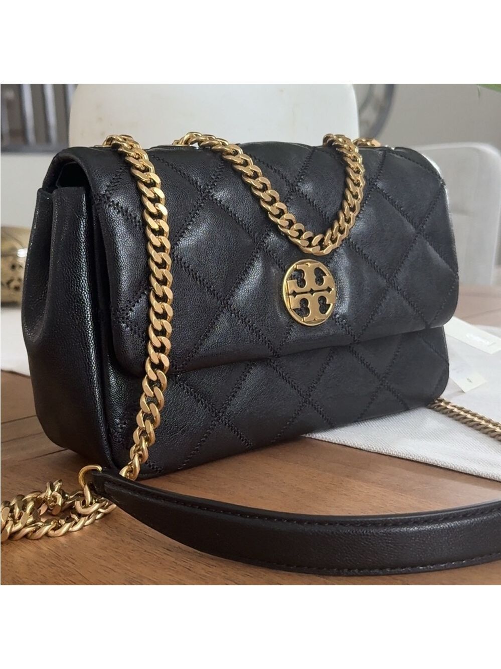 595+! New Tory Burch Willa Black Diamond Quilted With Gold Hardware Shoulder Bag